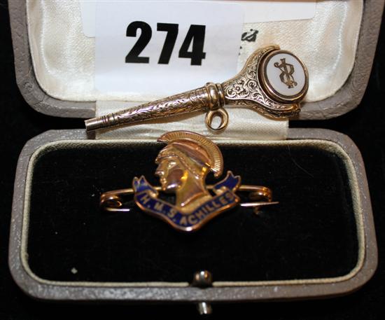 9ct gold Achillies brooch and watch key